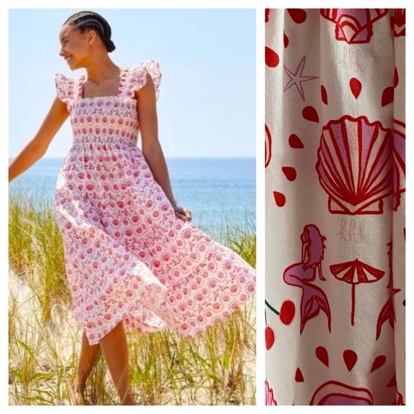Hill House Dresses & Skirts - Hill House Home Pink White Ellie Nap Mermaid Shell Cherry Print Midi Dress XS